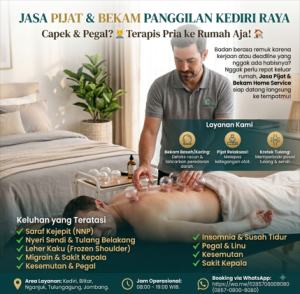 Flyer promosi Jasa Pijat dan Bekam Panggilan Kediri Raya Home Service dengan terapis pria melayani klien pria di rumah.