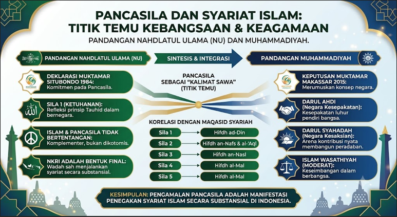 Bagan titik temu Pancasila dan syariat Islam berdasarkan pandangan Nahdlatul Ulama, Muhammadiyah, dan Maqasid Syariah
