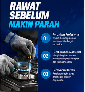 Poster promosi Cahaya Biru Service bertuliskan Rawat Sebelum Makin Parah untuk layanan perbaikan profesional, pembersihan maksimal, dan perawatan berkala kompor gas.