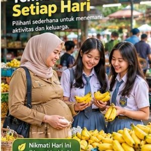 Ibu dan dua siswi SMA sedang memilih buah di agen pisang cavendish Pare Kediri