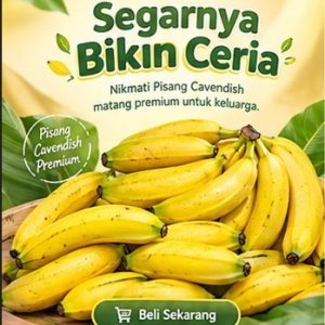 Tumpukan buah pisang cavendish matang premium berwarna kuning dalam tampah kayu dari tempat jual pisang cavendish matang premium Kediri
