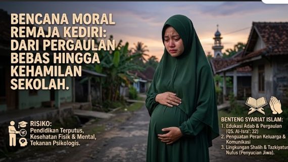Ilustrasi konseptual penanganan kenakalan remaja dan kehamilan usia sekolah di Kediri melalui pendekatan edukasi moral, ketahanan keluarga, dan benteng syariat Islam.