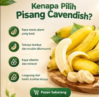"Infografis empat alasan memilih pisang Cavendish Kediri di atas piring kayu."