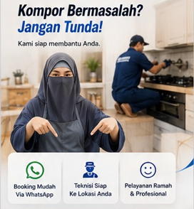 "Teknisi service kompor gas panggilan Kediri sedang memperbaiki kompor di dapur."