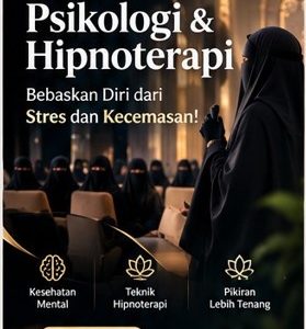 Poster seminar psikologi dan hipnoterapi untuk layanan psikologi terdekat Kediri dengan pemateri wanita berhijab syar'i