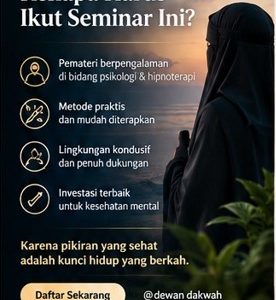 Poster acara seminar psikologi dan hipnoterapi Kediri dengan latar wanita berhijab syar'i memandang pemandangan senja