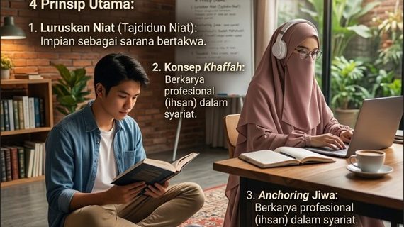 Dua anak muda Gen Z muslim sedang belajar di ruang kerja modern. Laki-laki duduk melipat kaki membaca Al-Qur'an dan wanita berhijab syar'i serta bercadar memakai headphones bekerja di depan laptop, dilengkapi teks infografis 4 prinsip mengejar self-actualization dalam Islam.