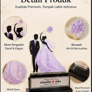 Detail produk plakat akrilik wedding Kediri motif siluet pengantin gaun ungu dengan dudukan base hitam dari tempat cetak plakat custom