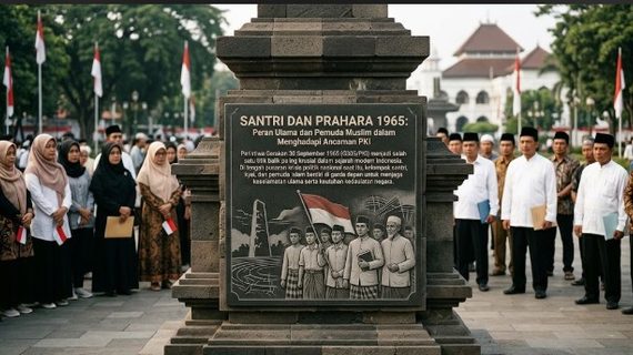 Monumen batu dengan prasasti teks sejarah G30S/PKI dikelilingi oleh sekelompok orang berbusana Muslim di ruang terbuka dengan latar belakang bendera Indonesia.