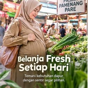 Ibu hamil berhijab memilih sentir daun bawang segar di Pasar Pamenang Pare Kediri dari tempat jual sentir daun bawang Pare Kediri