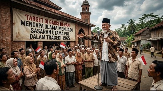 "Ulama dan masyarakat berkumpul mendengarkan pidato di depan masjid dengan spanduk Target di Garis Depan Tragedi 1965."