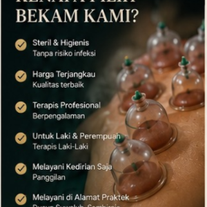 Gambar promosi layanan terapi bekam di Pare, Kediri. Menampilkan alasan memilih terapi bekam, seperti steril, harga terjangkau, terapis profesional, melayani pria dan wanita, serta melayani panggilan maupun di alamat praktik Dusun Suwaluh, Sambirejo, Pare.