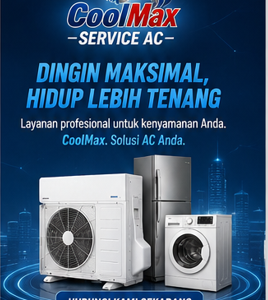 Grafik promosi CoolMax Service AC melayani perbaikan AC, kulkas, dan mesin cuci di area Kediri dengan garansi dan hasil dingin maksimal.