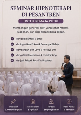 Poster seminar hipnoterapi di pesantren Kediri untuk remaja putri sehat mental dan produktif
