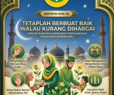 Poster dakwah Islami bertema "TETAPLAH BERBUAT BAIK WALAU KURANG DIHARGAI" dengan logo Dewan Da'wah Islamiyah Indonesia di bagian atas tengah, latar belakang pemandangan masjid megah, serta ilustrasi pasangan berbusana hijau yang sedang membagikan makanan dan merawat sesama.
