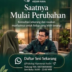 Sesi konseling profesional antara psikolog pria dan klien di ruang terapi dari layanan psikolog hipnoterapi Kediri Raya