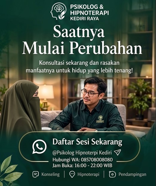 Sesi konseling profesional antara psikolog pria dan klien di ruang terapi dari layanan psikolog hipnoterapi Kediri Raya