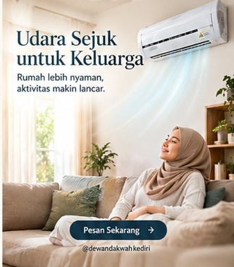 Wanita berhijab bersantai di sofa menikmati udara sejuk dari jasa cuci AC rumah Kediri