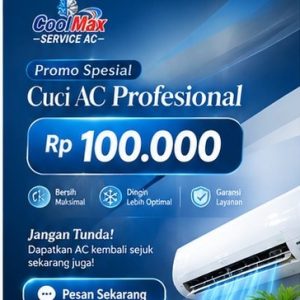 Poster promo cuci AC profesional Kediri harga Rp 100.000 dari CoolMax Service AC