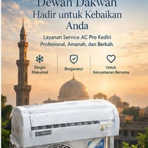 Unit indoor dan outdoor AC bersih berlatar pemandangan masjid dari layanan service AC Pro Kediri
